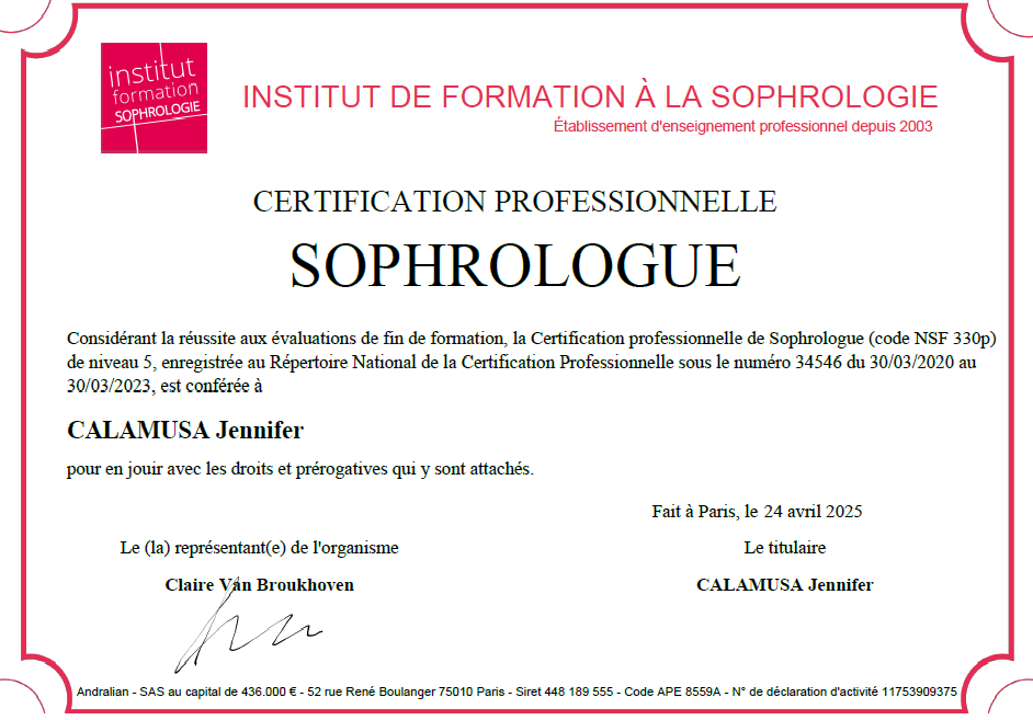 Jennifer Calamusa sophrologue certifiée RNCP à Malemort